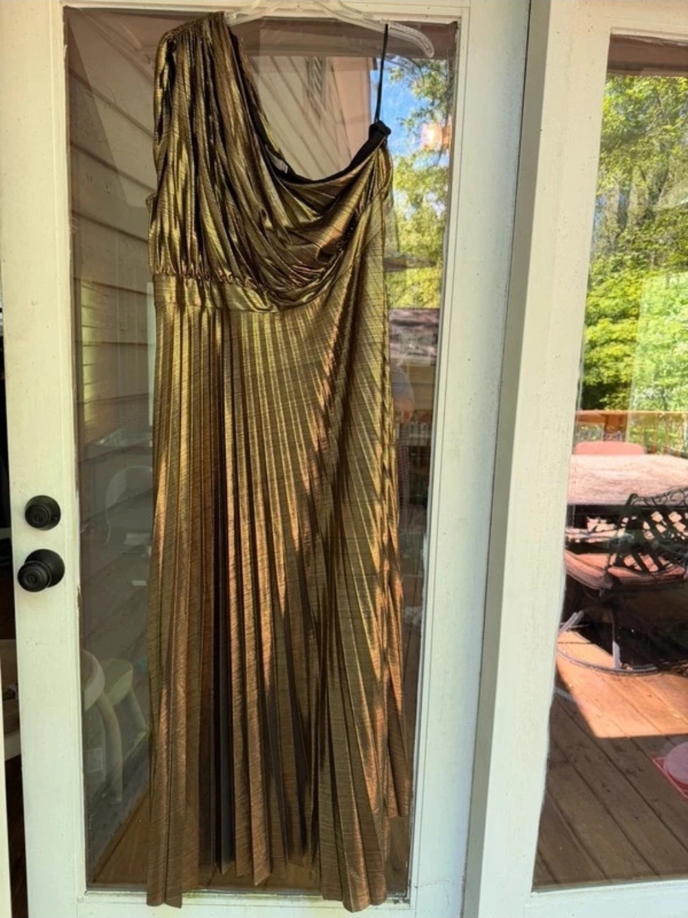 One-Shoulder Metallic Gold Pleated Evening Dress
